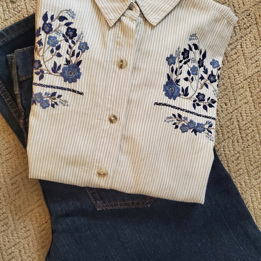 Striped Floral Embroidered Women's Top